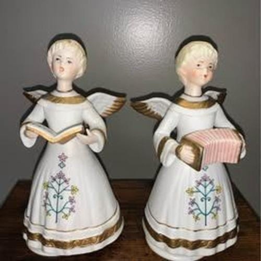 Vintage Schmid Angel Musical Figurines Rotating Bisque Japan Set‎ of 2
